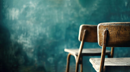 Wall Mural -   Two wooden chairs sit beside each other in front of a chalkboard-painted wall