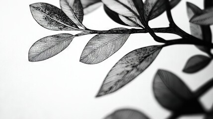   Black-and-white picture featuring a tree branch adorned with foliage against a white background wall