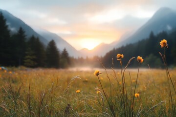 Wall Mural - Sunrise over a vibrant meadow filled with yellow flowers in a tranquil mountain valley