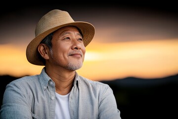 Older man enjoying a sunset while wearing a straw hat and casual attire in a serene outdoor setting