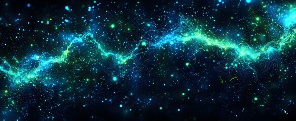 Wall Mural - green and blue glowing fractal-like energy lines with bright particles in a dark abstract space back