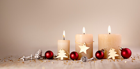 Wall Mural - advent candles - christmas background - 3. advent decoration with star and tree, red balls on light 