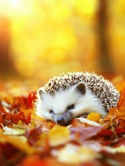 Canvas Print - Hedgehog sleeping in autumn leaves. AI.