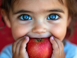 Wall Mural - Toddler happily biting into a red apple. AI.