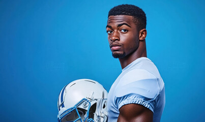 Poster - Athlete holding football helmet. AI.