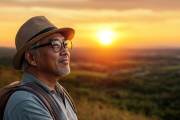 Wall Mural - Mature man enjoying a serene sunset view in a mountainous landscape while wearing a hat and glasses