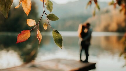 Wall Mural -   A man and woman stand together by a body of water surrounded by trees