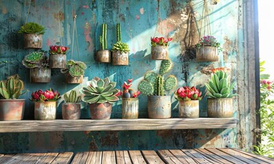 Wall Mural - Various potted cacti stand on wooden shelves against a gray wall