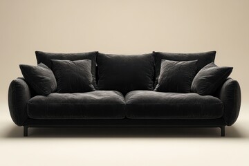 Wall Mural - A modern black sofa with plush cushions, designed for comfort and style in living spaces.