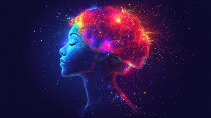 Sticker - A vibrant illustration of a woman's profile with a glowing brain, symbolizing creativity and thought.