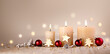 © Floydine - Christmas Background - Advent Candles, Greeting Card,  3. Advent  decoration with star and tree, red balls on light rustic wood, friendly warm Xmas backdrop with copy space, banner,  header, panorama