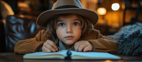 Wall Mural - Child in fedora writing in notebook.