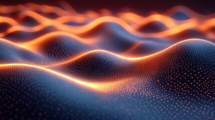 Wall Mural - Abstract glowing orange waves of particles on a dark background.