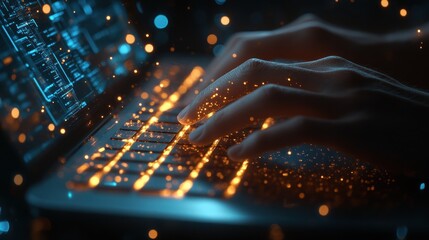Wall Mural - glowing hands typing on laptop keyboard, digital data streams.