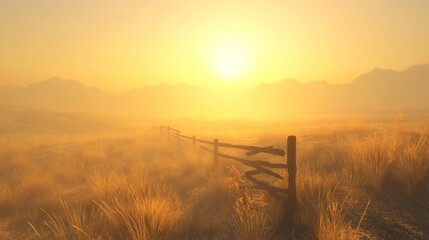 Wall Mural - Misty sunrise over a grassy field with a wooden fence.