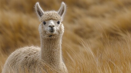 Wall Mural - Fluffy white alpaca standing in tall grass, looking directly at the camera.