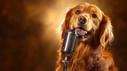 Poster - Golden Retriever dog singing into a vintage microphone against a brown background.