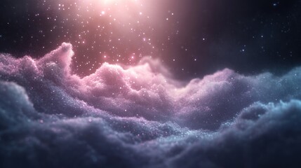 Wall Mural - dreamlike cloudscape with pink and blue hues, glowing particles, and a light source.