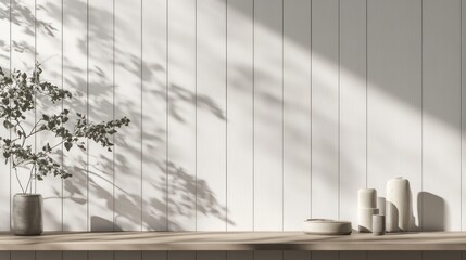 Wall Mural - Minimalist interior scene with sunlight casting shadows on a white wall, wooden shelf with decor.