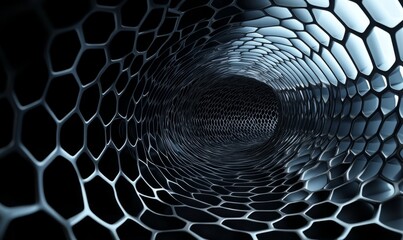 A conceptual technology tunnel constructed from hexagonal mesh is displayed against a black backdrop. Three-dimensional rendering.