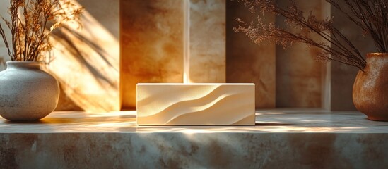Wall Mural - elegant beige textured block on marble surface with dried flowers in vases, bathed in sunlight.