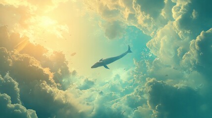 Wall Mural - whale soaring through vibrant, sunlit clouds.