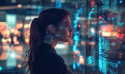 A female coder in a modern office environment, surrounded by digital holographic data and interface elements, symbolizing cybersecurity and data analysis