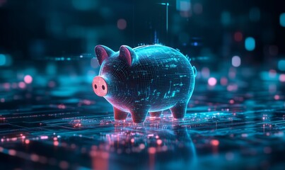 Wall Mural - A Futuristic Digital Representation of a Piggy Bank on Circuit Board Backgrounds