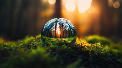 Sticker - Crystal ball reflecting sunset forest scene on mossy ground.