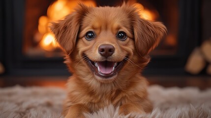 Poster - Happy small brown dog sitting by fireplace.