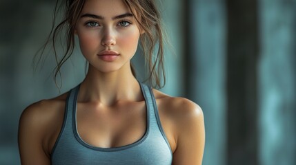 Wall Mural - Close-up portrait of a young, attractive woman with light brown hair and blue eyes, wearing a gray sports bra, against a blurred concrete background.