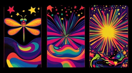 Wall Mural - Psychedelic art triptych featuring dragonfly, fireworks, and vibrant colors.