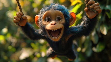 Wall Mural - Happy baby chimpanzee swinging on a vine in a jungle.