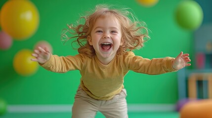 Wall Mural - Happy toddler girl jumping and laughing against green background with colorful balloons.