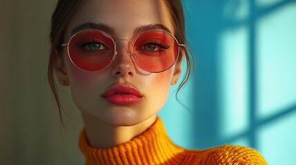 Wall Mural - Close-up portrait of a young woman with orange-tinted sunglasses, wearing a mustard yellow turtleneck sweater against a teal background.