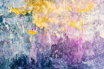 Wall Mural - Painting of a wall with a yellow and purple background. The wall is covered in paint and has a lot of texture. The painting has a lot of different colors