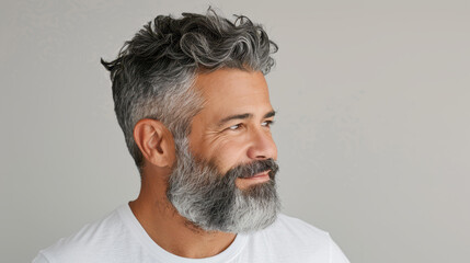 Wall Mural - Calm and confident, this middleaged man with a beard exudes charisma while standing in a relaxed profile pose.