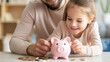 © ChimE - A joyful young girl drops a coin into her cute piggy bank, learning the value of saving from her caring father.