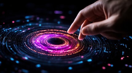 data processing: hand touching spinning vortex of light particles in flow visualization backgrounds