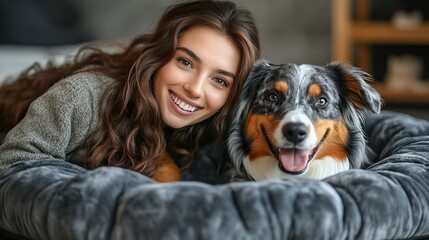 Poster - Happy woman cuddling her Australian Shepherd dog in a cozy bed.