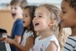 © Milos - A cheerful group of young children playing music together, their faces beaming with smiles, illustrating the joy of music and friendship during their practice sessions.