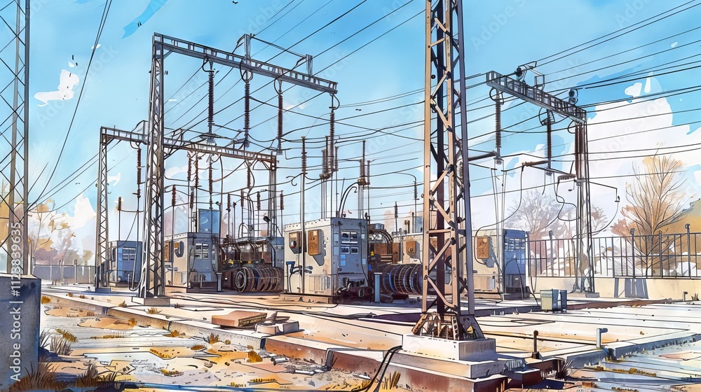 Watercolor illustration of high voltage electrical substation with ...