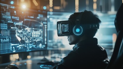Person wearing VR headset, interacting with digital interface on large monitors.