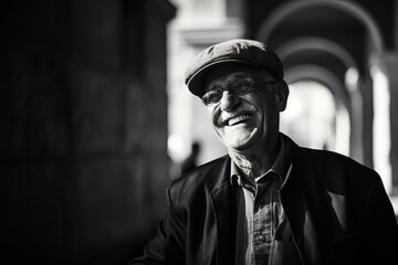 Wall Mural - Portrait of an old man with a cap and sunglasses. Black and white.