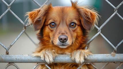 Wall Mural - Adorable brown dog looking through chain-link fence with paws resting on the metal.