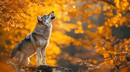 Wall Mural - A lone wolf howls in an autumn forest, surrounded by vibrant golden leaves.