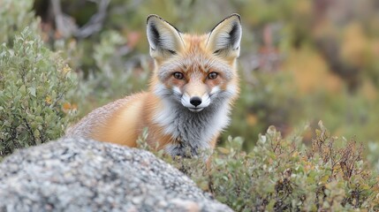 Wall Mural - Red fox sitting on a rock, looking directly at the camera, in a natural environment.