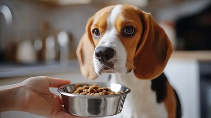 Sticker - Beagle dog eagerly awaiting food from a bowl held by a person's hand.