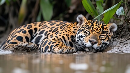 Wall Mural - A jaguar rests peacefully by the water's edge, its spotted coat blending with the lush green foliage.