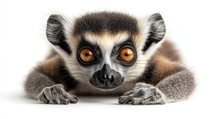 Wall Mural - Close-up of a cute ring-tailed lemur baby lying down, looking directly at the camera against a white background.